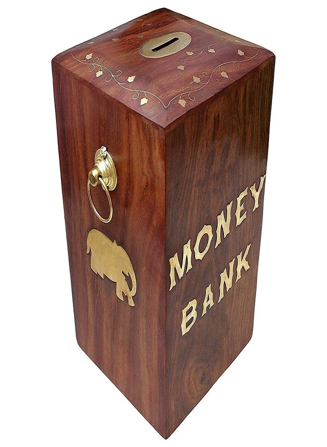 Giftoshopee Wooden Piggy Bank for Kids, (15.5 * 11 * 11cm)(6 * 4 inch) Handcrafted Brown Design Large Size Made by SHEESHAM Wood and Brass Golden Work/Piggy Bank/Money Bank/Money Box/Good for Saving - Image 3
